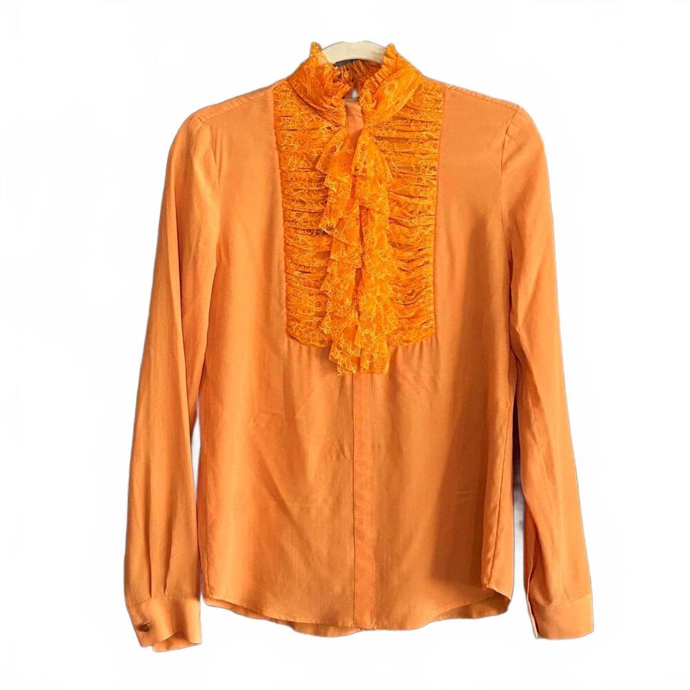 NWT Zuhair Murad Women's Orange Silk Ruffle Front Blouse Size 4 (36)